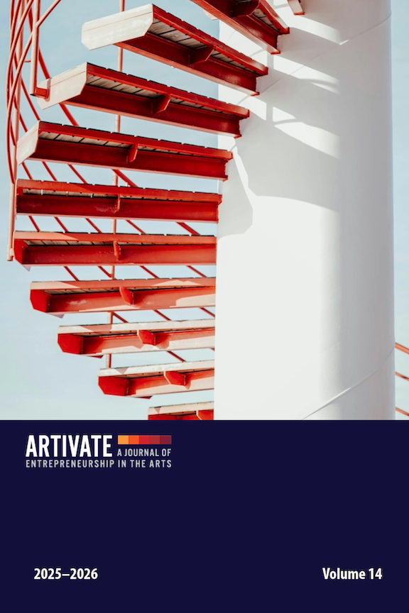 Photo of a red spiral staircase winding around a white column.